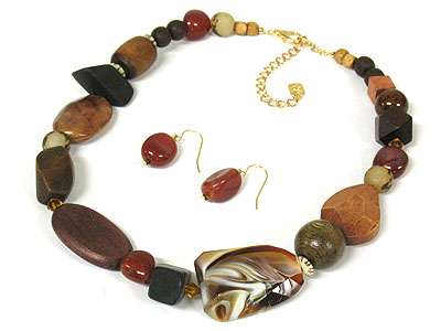 Natural stone and wooden ball necklace and earring set