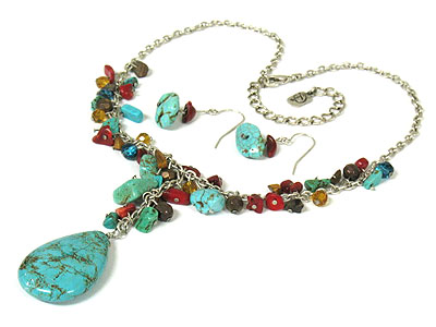 Turquoise and other genuine stone necklace and earring set