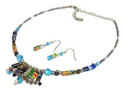 Multi spring color tube and glass beads dangle necklace and earring set