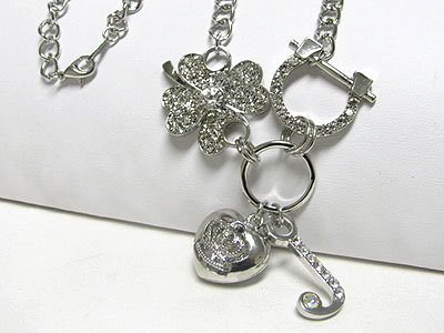 Crystal multi lucky charm link long necklace - horse shoe clover puffy heart crown