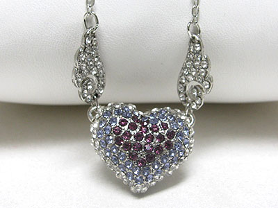 Crystal puffy flying heart charm link necklace