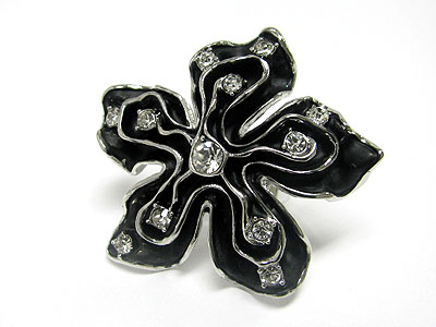 Crystal and enamel large flower top adjustable ring