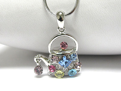 Made in korea whitegold plating multi color crystal tea pot pendant necklace