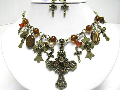 Mixed stone deco multi cross dangle necklace set