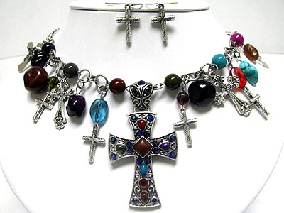 Mixed stone deco multi cross dangle necklace set