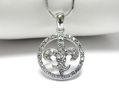 Made in korea whitegold plating crystal fleur de lis circle pendant necklace