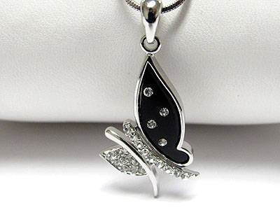 Made in korea whitegold plating crystal and acryl onyx butterfly pendant necklace