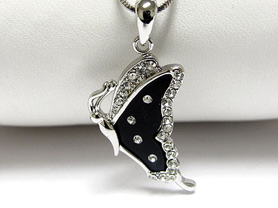 Made in korea whitegold plating crystal and acryl onyx butterfly pendant necklace