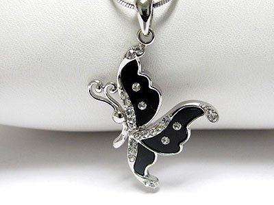 Made in korea whitegold plating crystal and acryl onyx butterfly pendant necklace