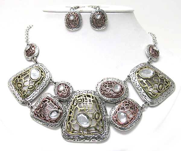 Crystal deco metal art disk link necklace earring set