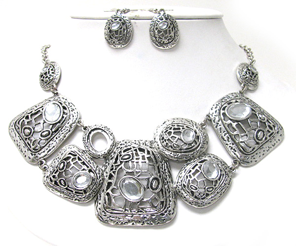 Crystal deco metal art disk link necklace earring set