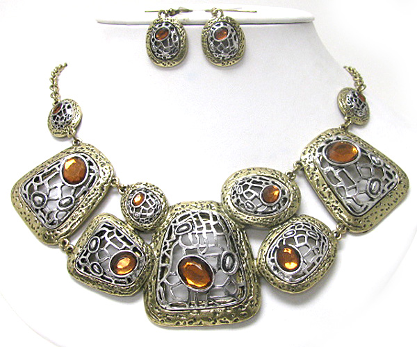 Crystal deco metal art disk link necklace earring set