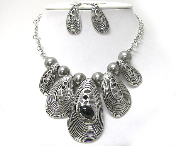 Stone deco metal art oval disk link necklace earring set