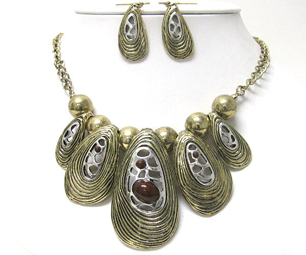 Stone deco metal art oval disk link necklace earring set