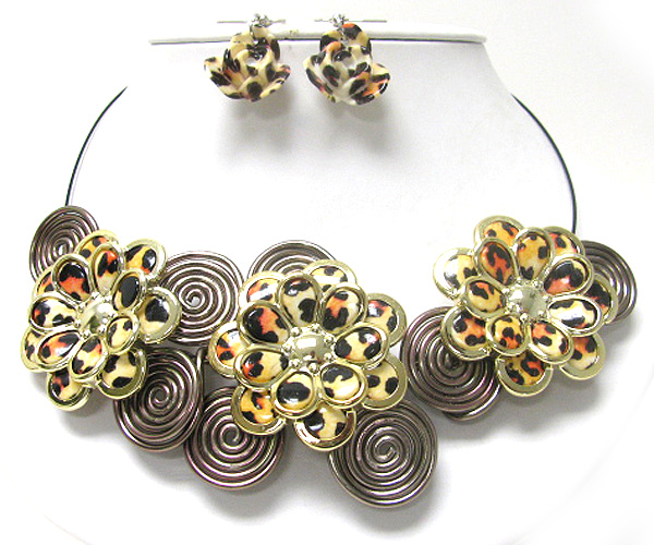 Animal pattern flower and metal wire art link necklace earring set