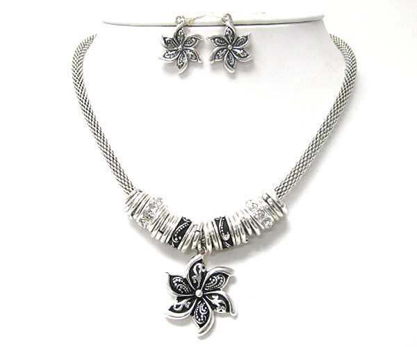 Crystal and metal mixed ring and flower charm necklace earring set