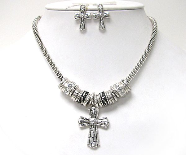 Crystal and metal mixed ring and cross charm necklace earring set