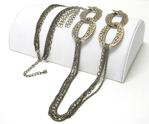 Multi metal chain and flat hoop link long necklace earring set - hoops