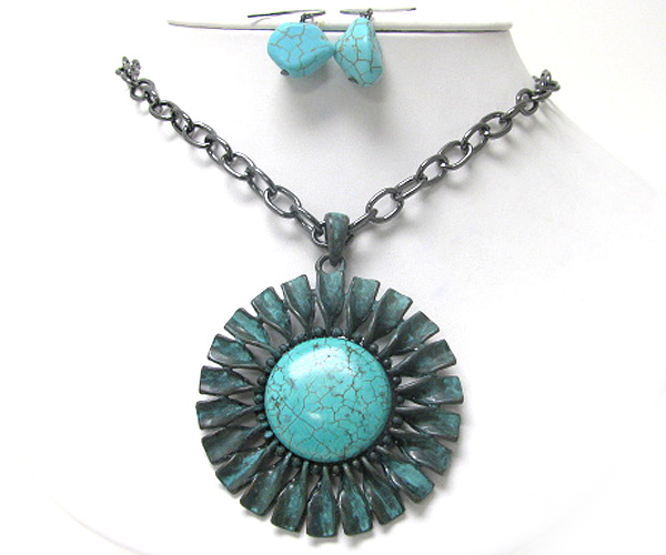 Turquoise stone flower medallion necklace earring set