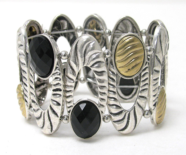 Facet glass deco metal link stretch bracelet