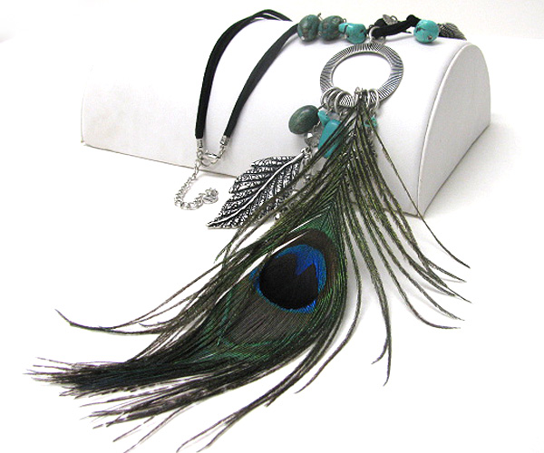 Peacock feather and turquoise stone deco long chain necklace earring set