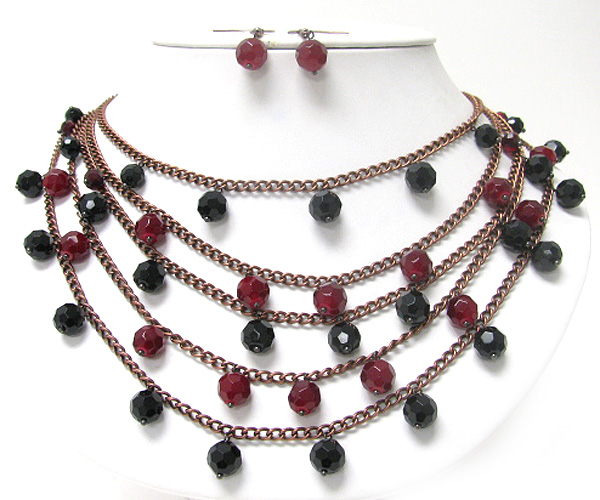 Facet glass stone dangle multi layer necklace earring set