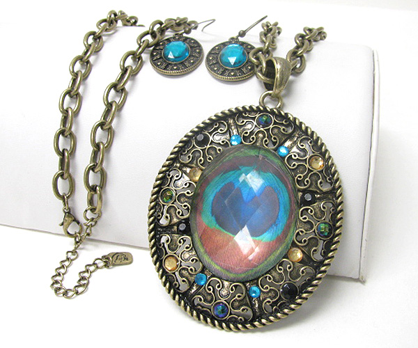 Peacock inspired glass and crystal deco round pendant long necklace earring set