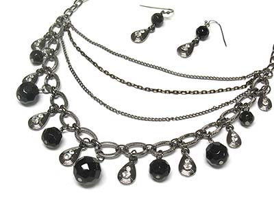 Facet cut acryl beads and crystal deco multi strands necklace and earring set