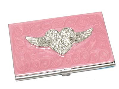 Crystal stone heart wing business card holder 