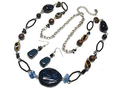 Patina style resin stone and natural stone bead necklace and earring set 