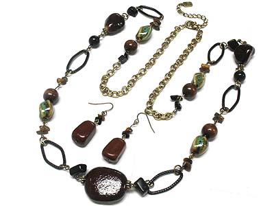 Patina style resin stone and natural stone bead necklace and earring set 