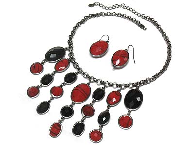 Multi round stone link drop necklace and earring set 