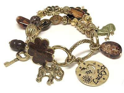 Multi detailed filigree charms and lucky disk elastic bracelet 