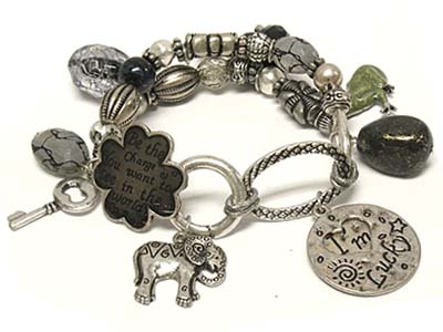 Multi detailed filigree charms and lucky disk elastic bracelet 