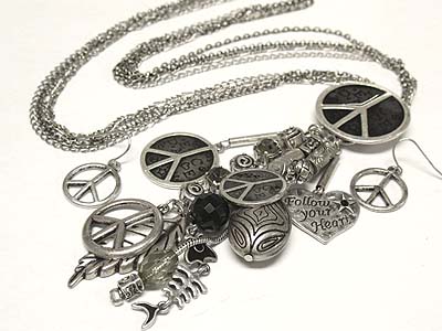 Multi shape long charms and peace pendant  necklace and earring set