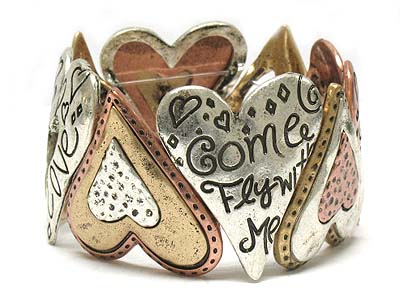 Multi messaged casting metal heart elastic bracelet