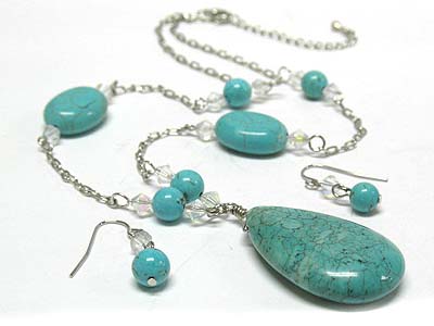 Turquoise oval shape stone pendant and stone deco strand necklace and earring set 