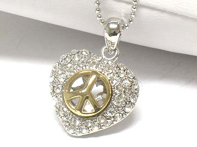 Made in korea whitegold plating crystal puff heart with two tone peace sign necklace