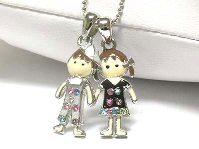 Made in korea whitegold plating crystal and enameled nodding head small boy and girl necklace