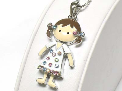 Made in korea whitegold plating crystal and enameled nodding head girl necklace