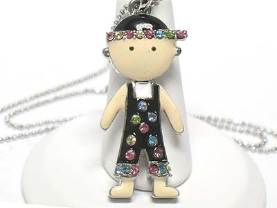 Made in korea whitegold plating crystal and enameled nodding head boy necklace