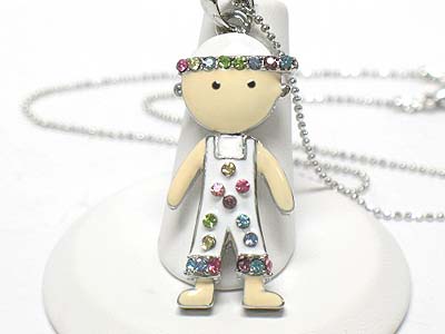 Made in korea whitegold plating crystal and enameled nodding head boy necklace