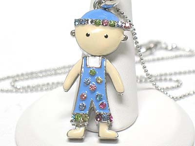 Made in korea whitegold plating crystal and enameled nodding head boy necklace