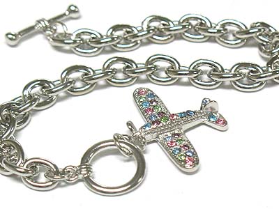 Crystal stud plane charm toggle bracelet