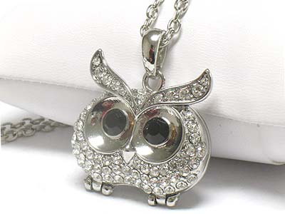 Crystal stone stud owl locket pendant necklace