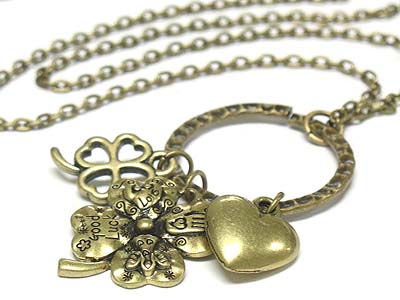 Metal clovers and heart charm necklace