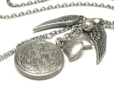 Metal filigree round locket and multi charms necklace 