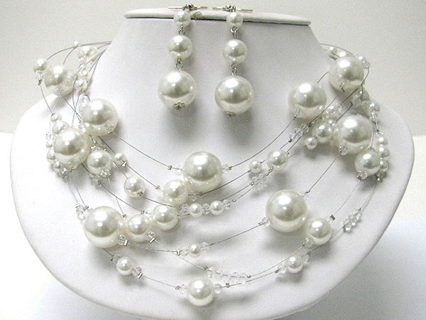 Pearl beads illusion necklace earrign set