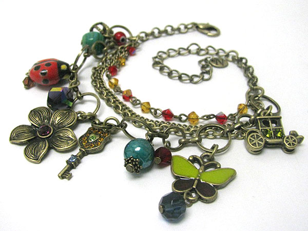 Antique style beads and crystal stud mixed spring theme charm bracelet