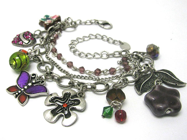 Antique style beads and crystal stud mixed spring theme charm bracelet